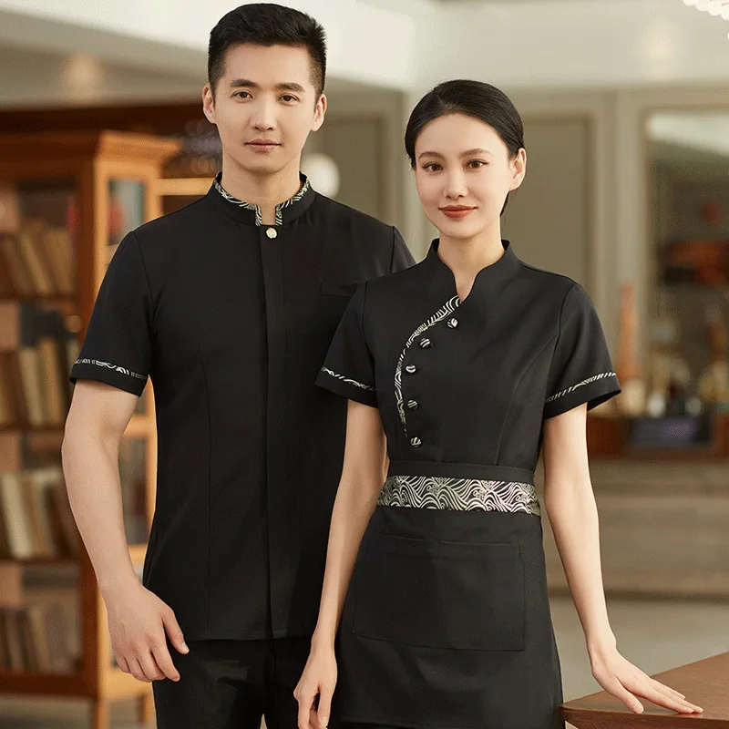 زي عمل النادل في بيت الشاي بأكمام قصيرة لمطعم الفندق وعاء ساخن مطعم صيني ملابس عمل صيفية للجنسين