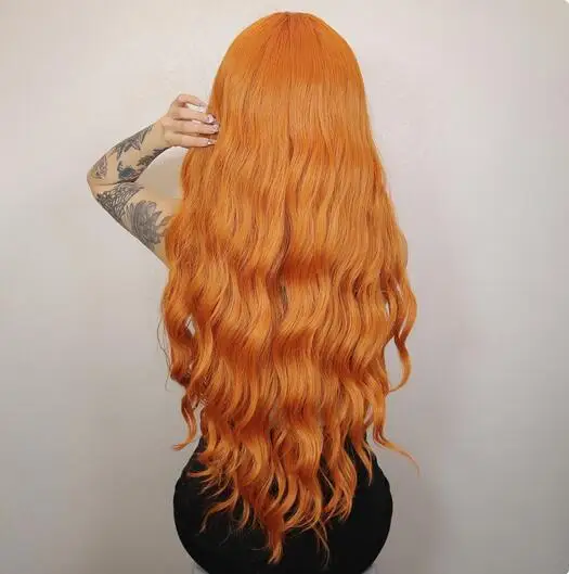 Long Water Wave Wigs with Bangs Orange Colorful Cosplay Wigs for Women Daily Party Natural Synthetic Hair High Temperature Fiber