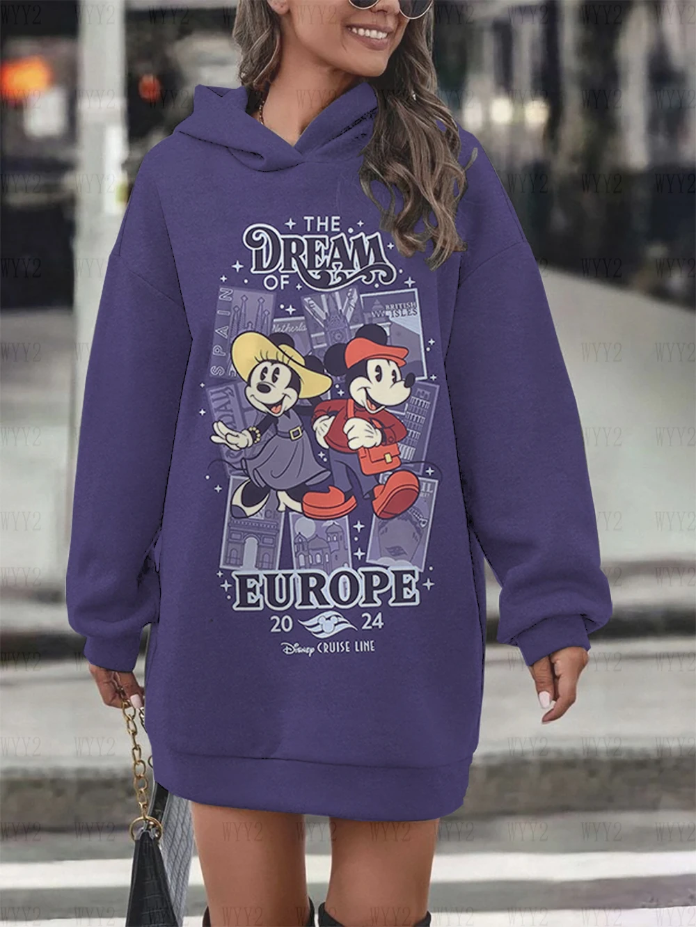Disney Christmas Mickey Minnie Print Hoodie Dress Casual Wear Warm Women\'s Fashion Trend Street Long Sleeve Hoodie