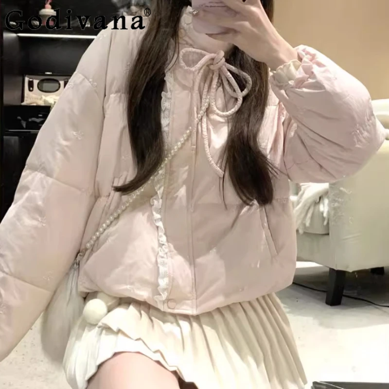 

Women's Winter New Sweet Pink Bow Lace-up Long-sleeved Cotton-padded Jacket Loose Cute Embroidered Short Lace Splicing Coat