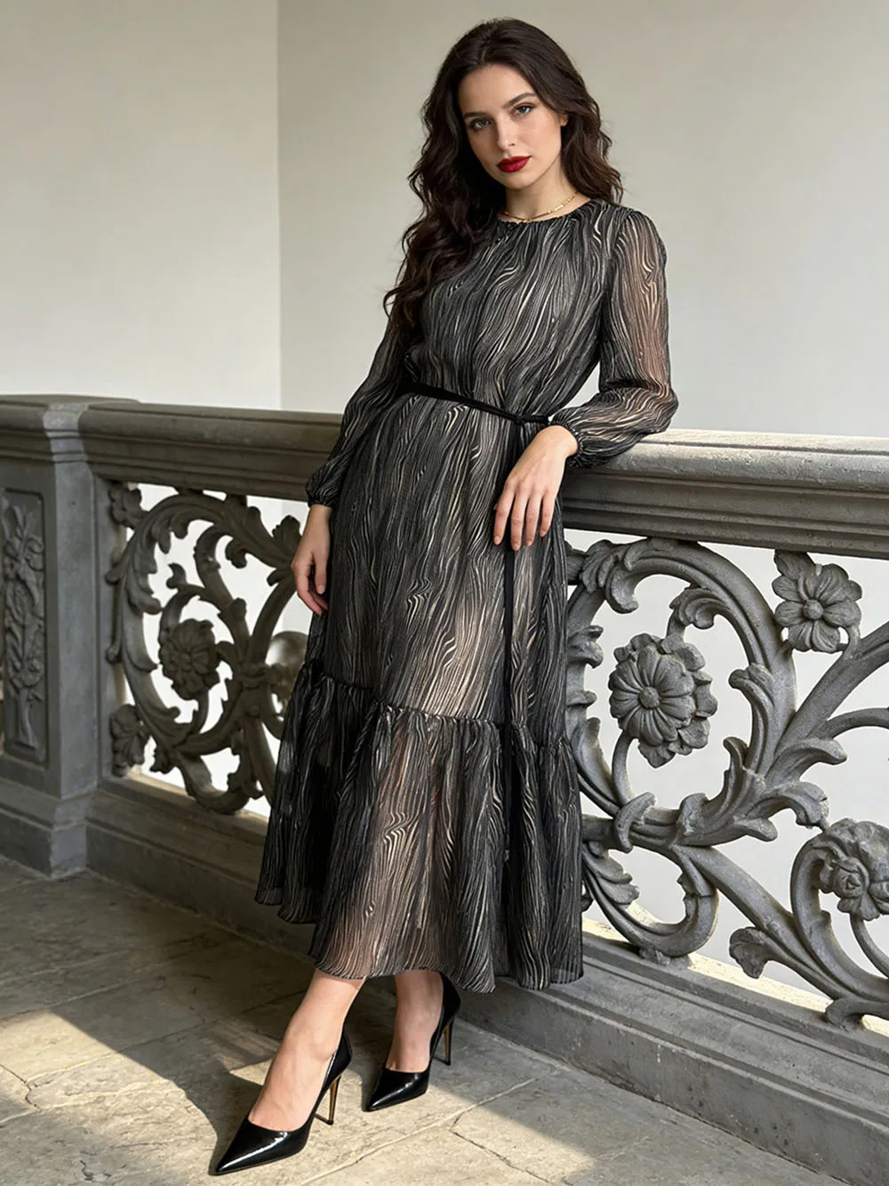 

Длинная юбка с темным узором и контрастной французской перспективой на шнуровке на талии, 2026, новое атмосферное платье высокого класса