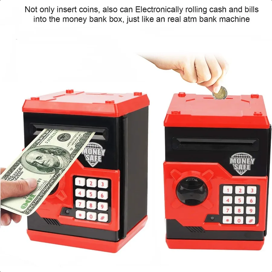 علبة نقود معدنية إلكترونية بكلمة مرور ATM من Piggy Bank يمكن التمرير التلقائي على صندوق توفير المال الورقي هدية باللون الأحمر