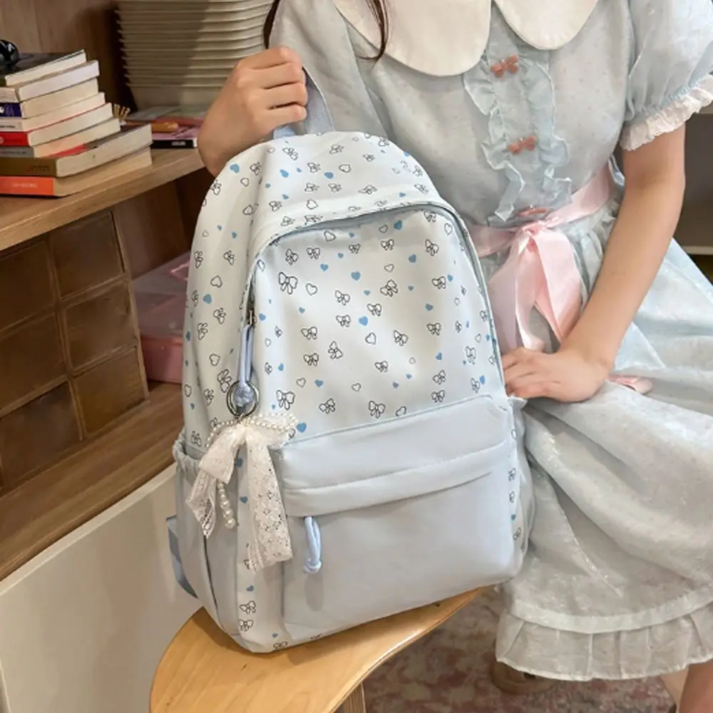 Casual Large Capacity Student Schoolbag Bowknot Design Lightweight Book Bags Soft Nylon Lace Bow Backpack For Women Girls