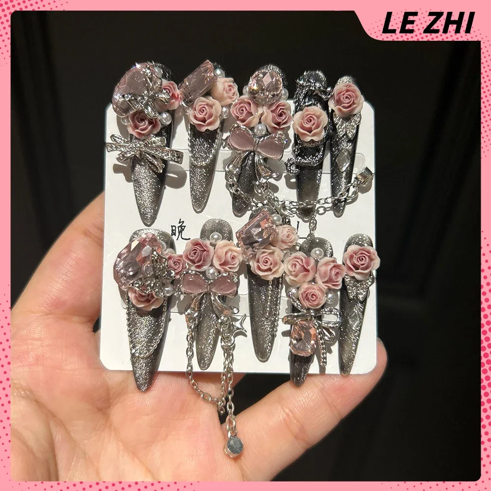 Luxury Court Romantic Rose Handmade Press On Nail Golden Butterfly False Nails 3D Rhinestone Pearl Detachable Full Cover Nails