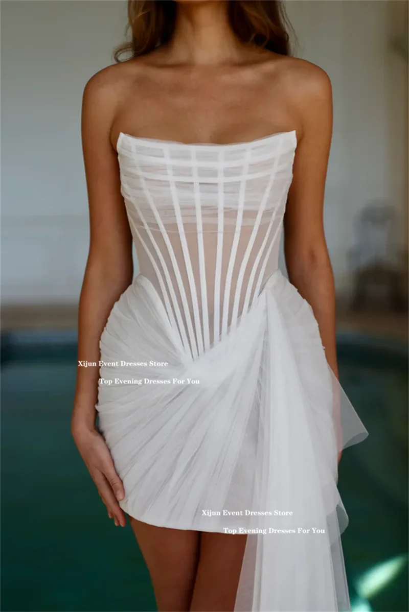 Xijun White Tulle Mini Wedding Dresses Sleeveless Pleats Corset Prom Gowns Formal Occasion Sexy Evening Dresses 2025 Customized