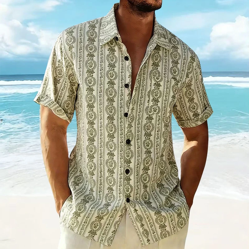 Men Paisley Floral Cuban Shirt Tops for Summer Casual Short Sleeve Camisas Hombre Elegante 2026 Mens Loose Beach Hawaiian Shirt