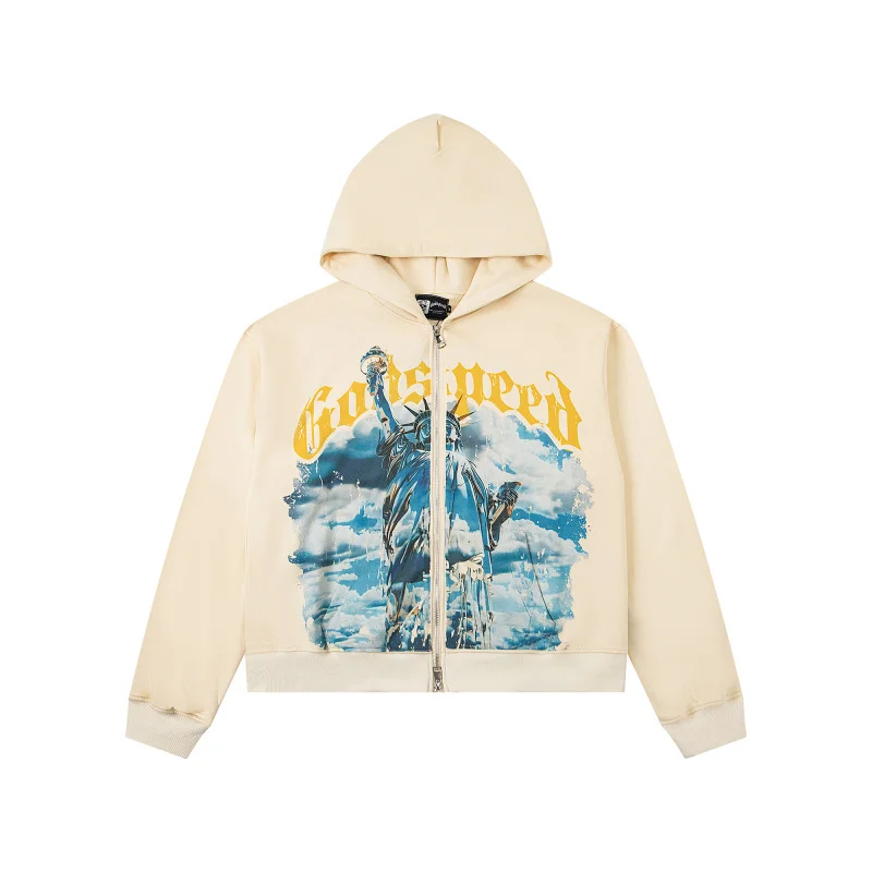 Godspeed الأمريكية شارع العليا خمر Waed الحرية تمثال فضفاض الثقيلة المفتوحة سترة هوديي Jaet عارضة القطن طويل Sve