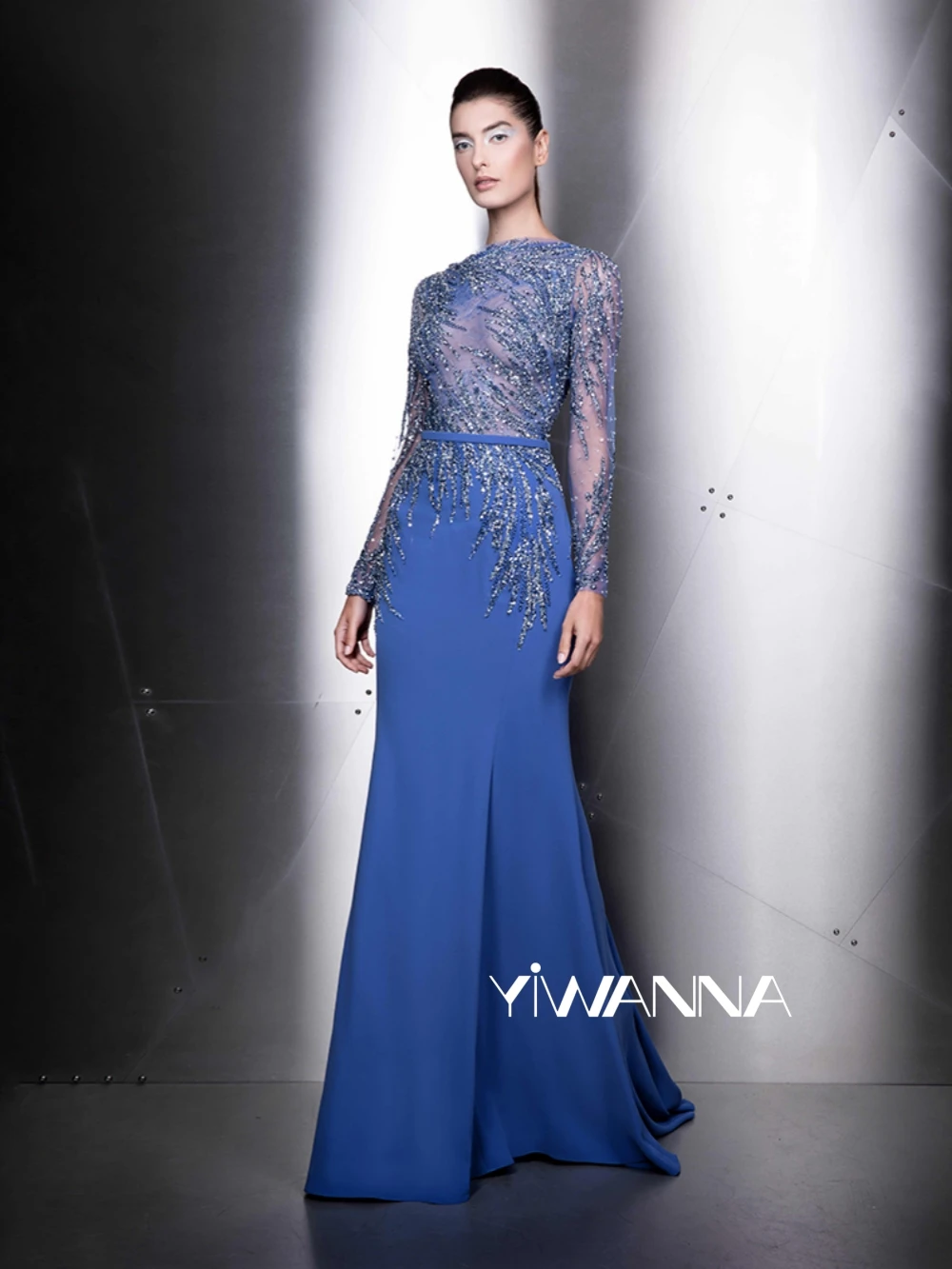 

Royal Blue Beaded Mermaid Mother Of The Bride Dress For Wedding Modest High Collar Long Sleeve Evening Dress Customized 2025