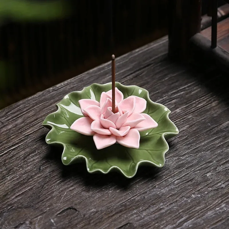Handmade Imitation Floral Thread Incense Tray - Home Tea Room Aroma Diffuser Lotus Leaf Base Buddha Hall Incense Burner