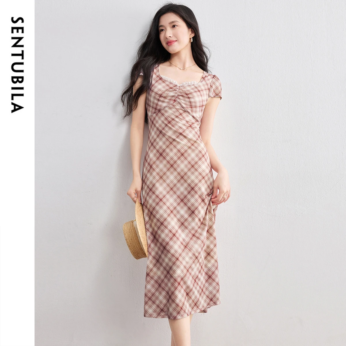 

SENTUBILA Women Summer Pleated Dress 2025 New Collection Square Neck A-Line Dresses Flying Sleeve Plaid Print Clothing Q52LO2511