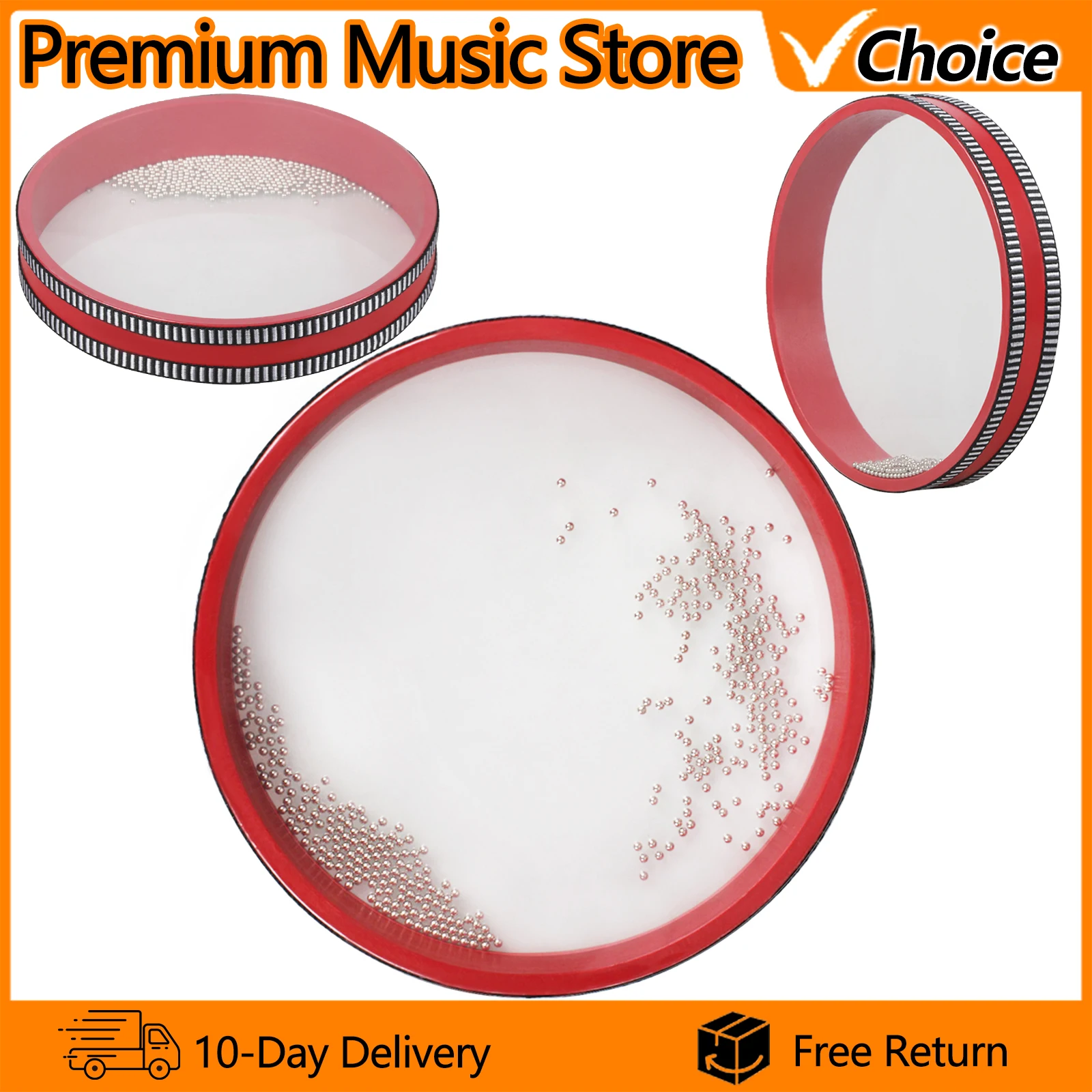 Orff Drum Gelombang Laut Merah 8-Inci dari Butiran Pasir Besi, Mainan Edukasi Anak, Tamborin Suara Laut, Perkusi untuk Pesta