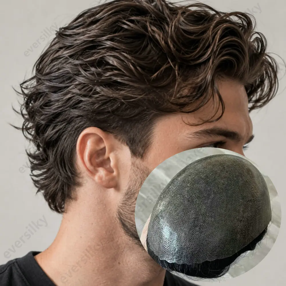 Natürliche Haarlinie, dunkelbraunes Herren-Toupet, super langlebig, dünne Haut, 1B80, grau-schwarz, Echthaar, Microskin, volle PU-Kapillarprothese – Detail 1