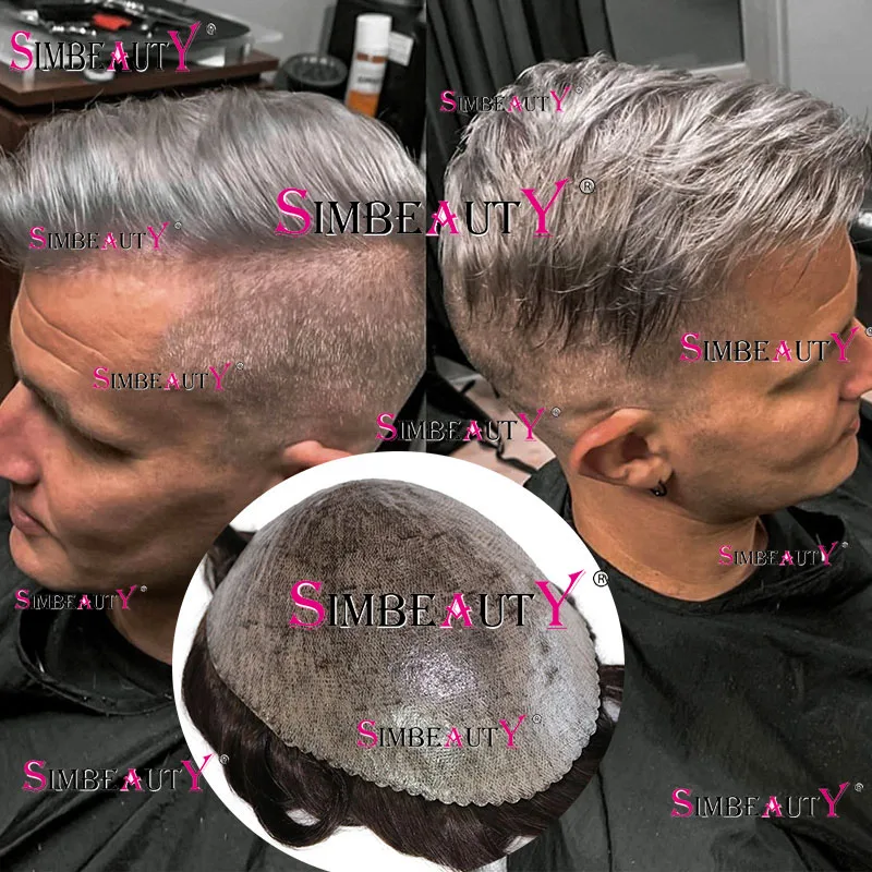 

1B80 1B40 Gray Hair Men's Toupee Scalloped Frontline Natural Undetected Skin Base Capillary Prosthesis Hair Replacement System