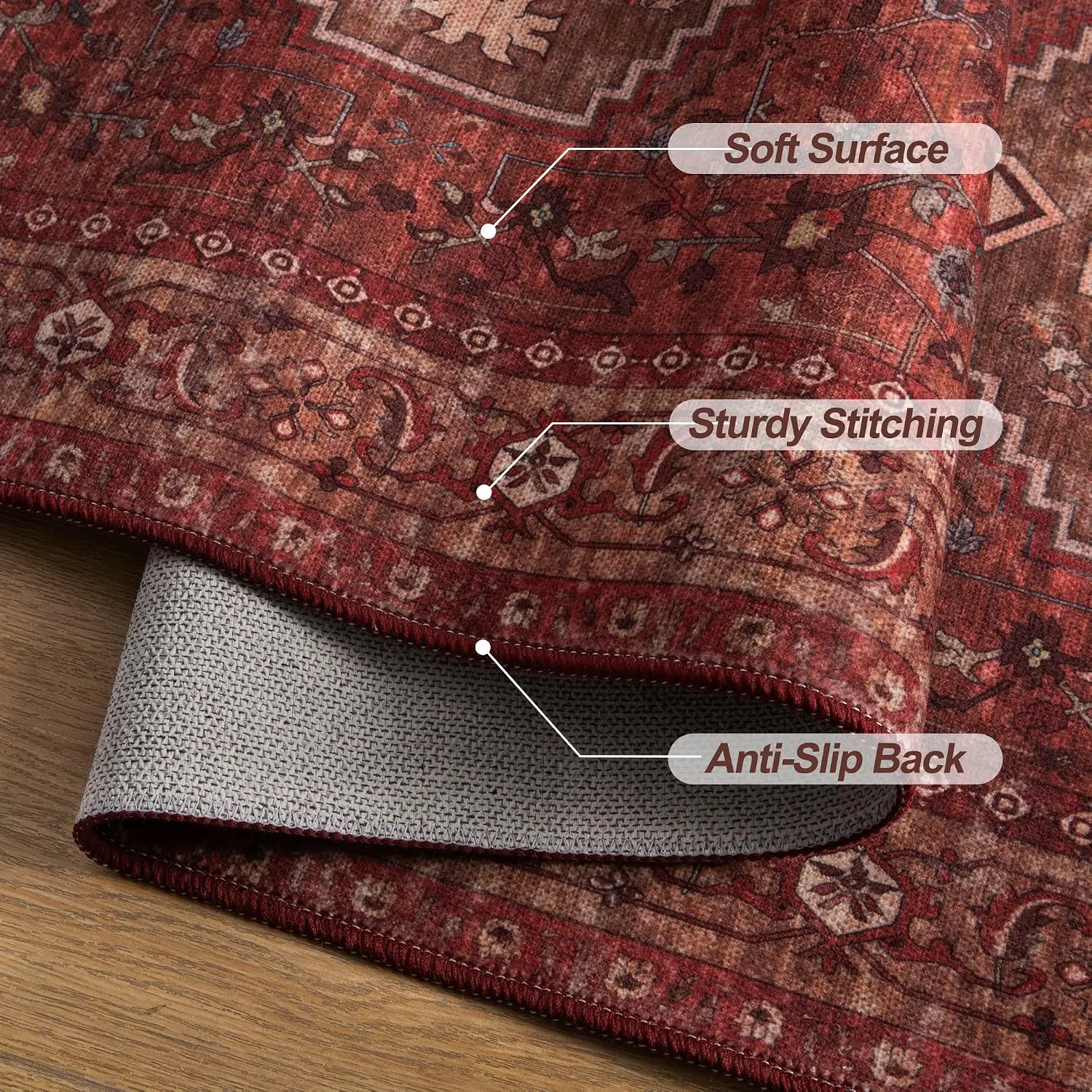 Polypropylene Area Rug, Vintage Boho Oriental Print Floor Carpet For Living Room Dining Area And Bedroom, Durable Washable Large Indoor Mat, Dark Red Single Pack - view 4