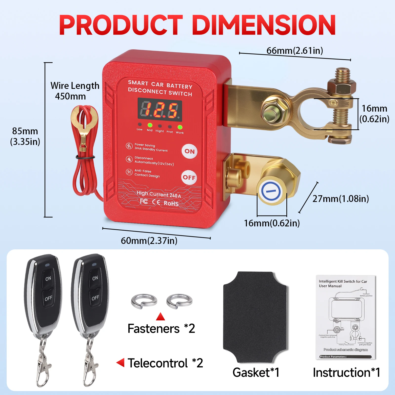 

Fireproof+Copper IP65 Waterproof For Car RV ATV Truck Boat Red Blue Anti-Theft 12V 240A Remote Kill Switch LED Volt Display PC