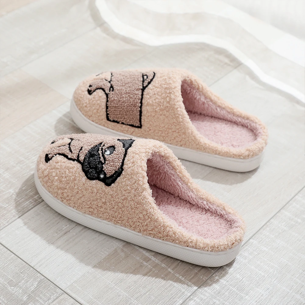 Plush Pug Slippers Comfortable Slip-on House Shoes Anti Slip Flat Thermal Slippers Fluffy Couple Slippers for Autumn Winter