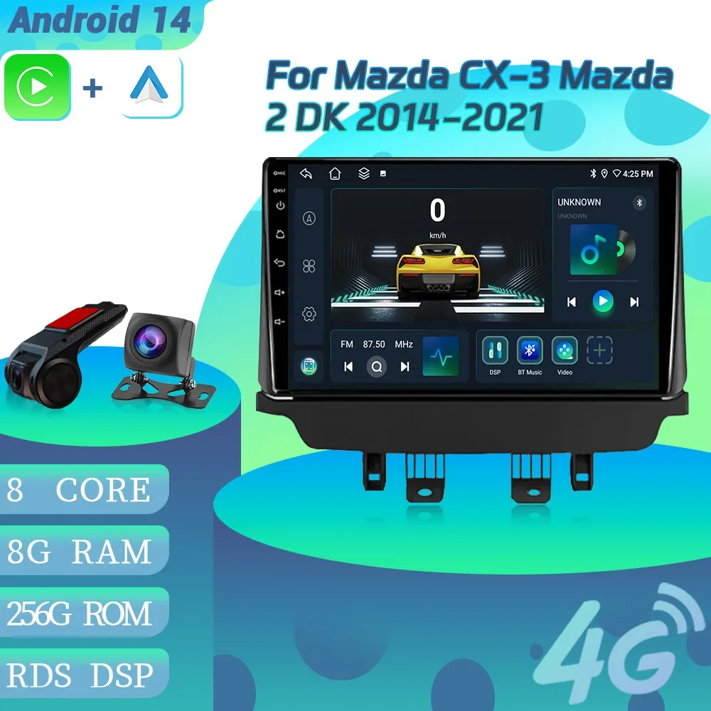 Android 14 For Mazda CX-3 Mazda 2 DK 2014-2021 Multimedia CarPlay Car Radio Android Auto Navigation 4G GPS Touch Screen Stereo