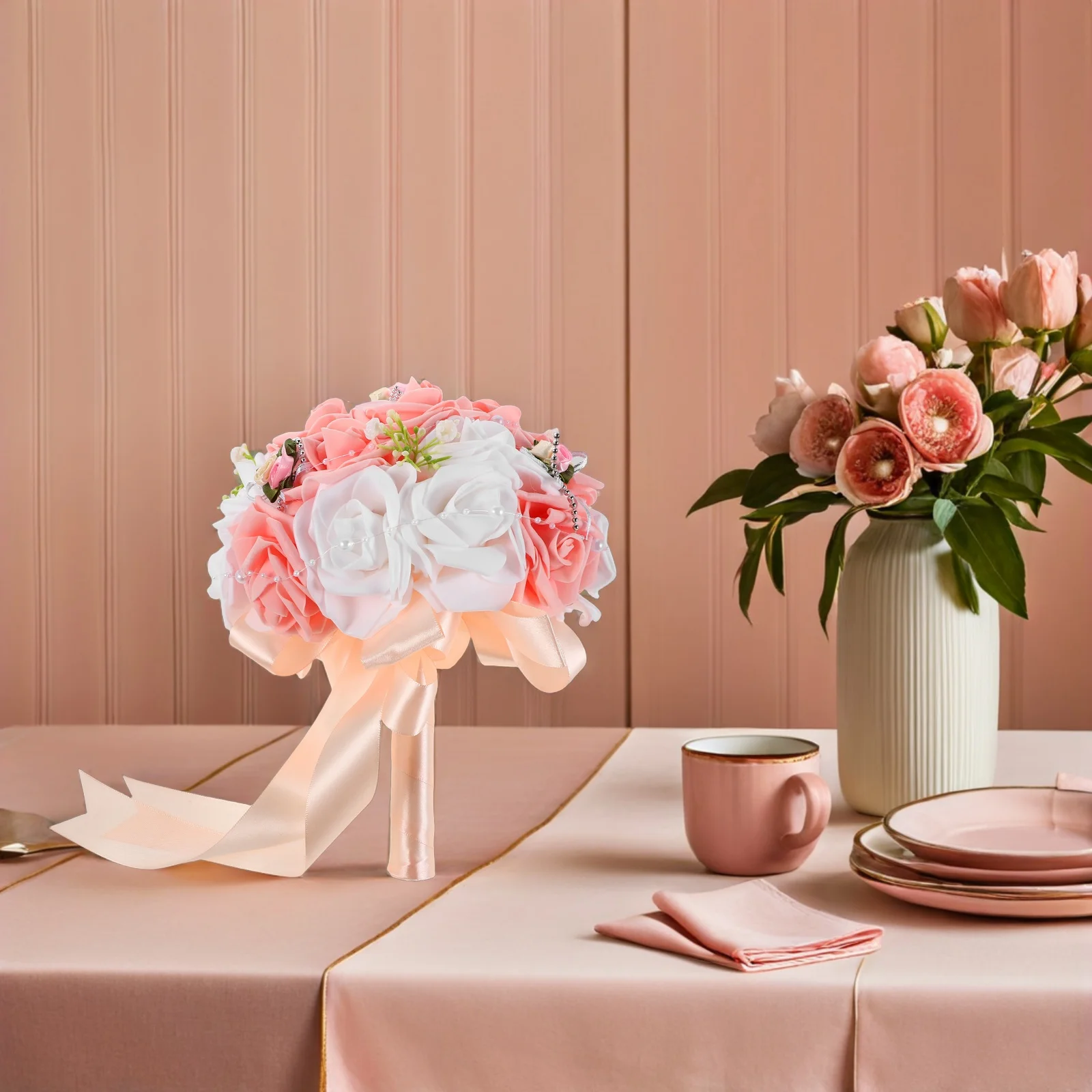 

Wedding Bouquet Bride Flowers Bouquets Beautiful Polyester Artificial Rose Bridal