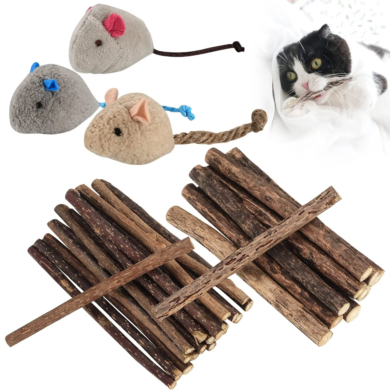 33er-teilige Katzenminze und Silvervine-Sticks – natürliches Kauspielzeug mit 3 Maus-Spielzeugen