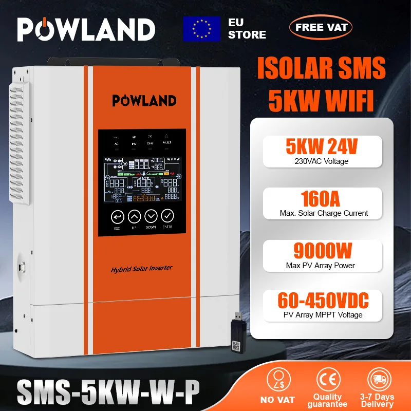 POWLAND 5KW 24V Hybride Solar Inverter EU WINKEL Parallel MPPT Gratis Verzending Inverter Met BMS Optionele WIFI Zuivere Sinusgolf RS485
