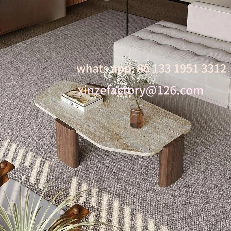 

Customizable natural travertine solid wood coffee table household living room marble tea table