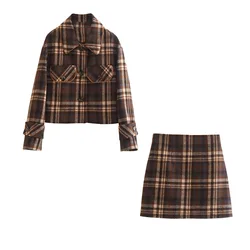 Loose Turn Down Collar Long Sleeves Single Breasted Short Coat High Waist Mini Skirt Women Vintage Checked Set ZATT 2024 New