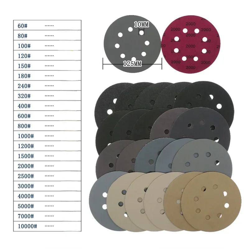 60-10000 Grit Round Shape Sanding Discs Hook Loop Sanding Paper Buffing Sheet Sandpaper 5inch Sandpaper 125mm 8 Hole Sander Pad