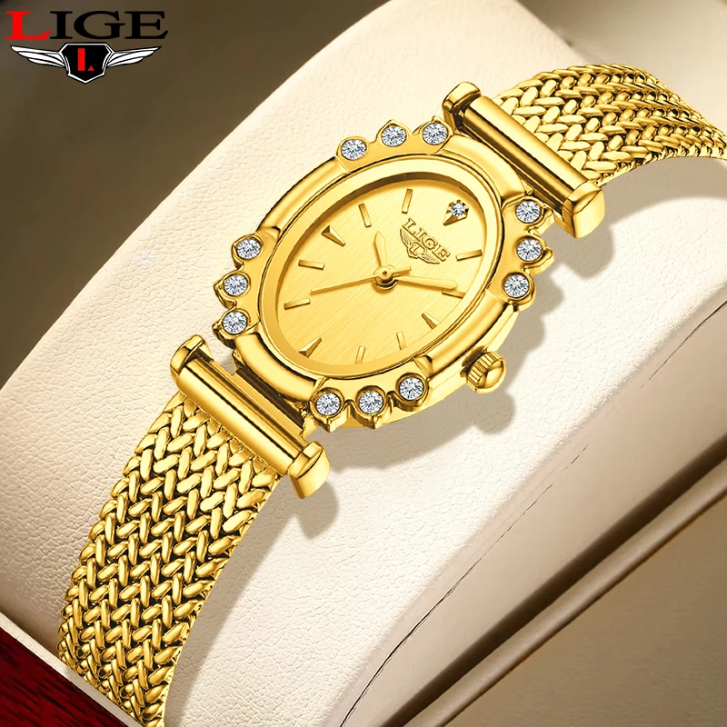 

LIGE элегантные модные кварцевые часы для женщин с бриллиантовым циферблатом, роскошный сетчатый ремешок, водонепроницаемые простые классические повседневные женские наручные часы