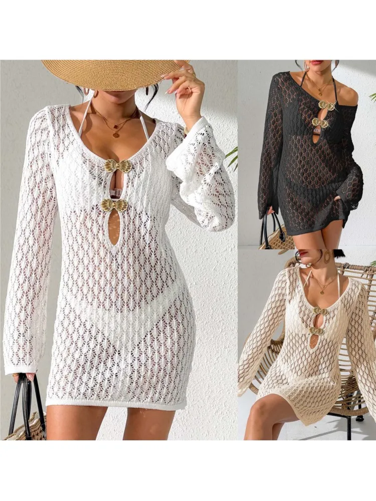 ชุดคลุมชายหาดสไตล์โบฮีเมียนสุดเซ็กซี่ คอวี แขนยาว ผ้าถัก  สำหรับฤดูร้อนปี 2026 เหมาะสำหรับวันหยุดพักผ่อนริมทะเล