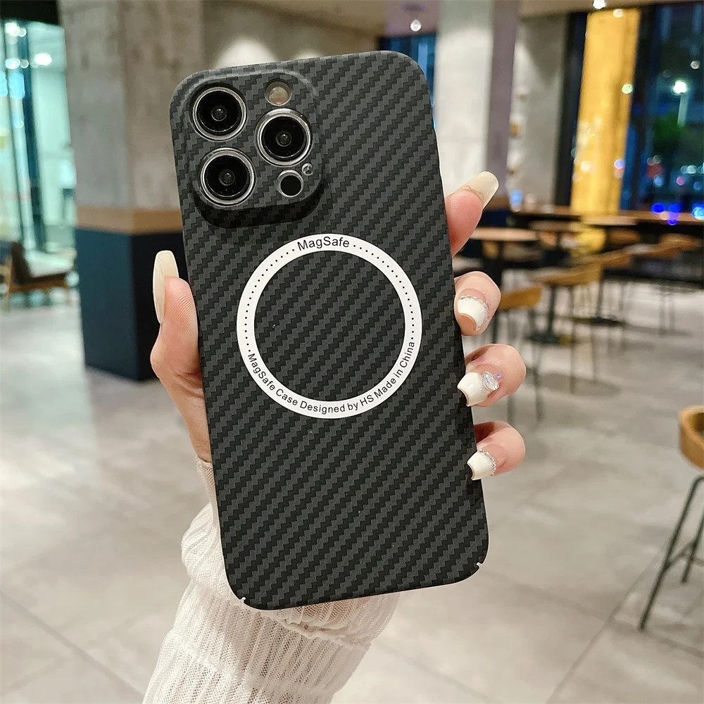 

Ultra-Thin Carbon Fiber Texture Magsafe Case For iPhone 16 Pro Max 11 12 13 Pro 14 15 Plus Lens Protection Kevlar Decal Funda