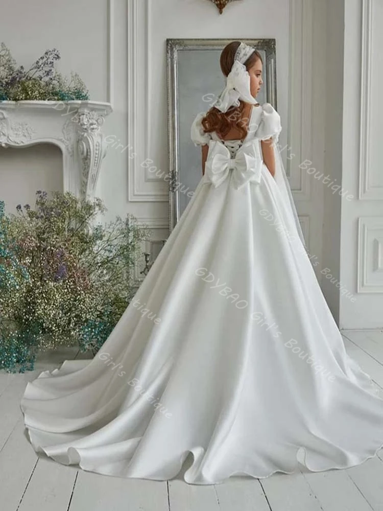 Платье с цветочным узором для девочек на свадьбу 2–14 лет, детское платье с квадратным вырезом и открытой спиной, длинное праздничное платье с бантом и шлейфом