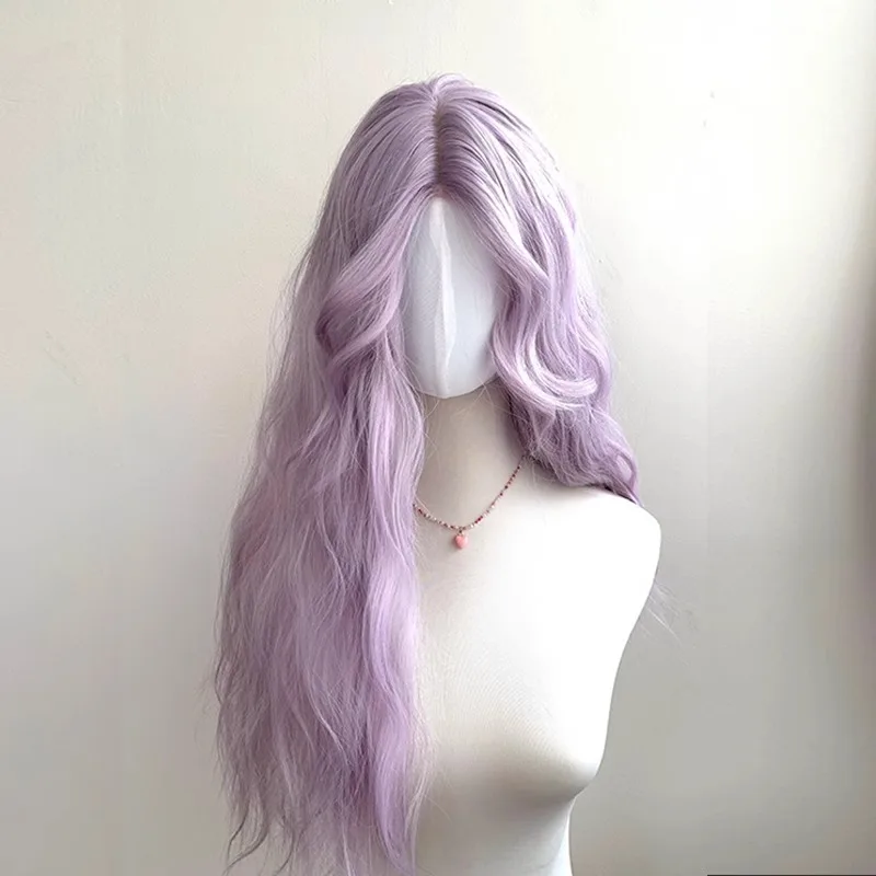 Purple High Quality Long Roll Synthetic Wig Mid-split Bangs Large Wave Curly Hair Long Women's Wig