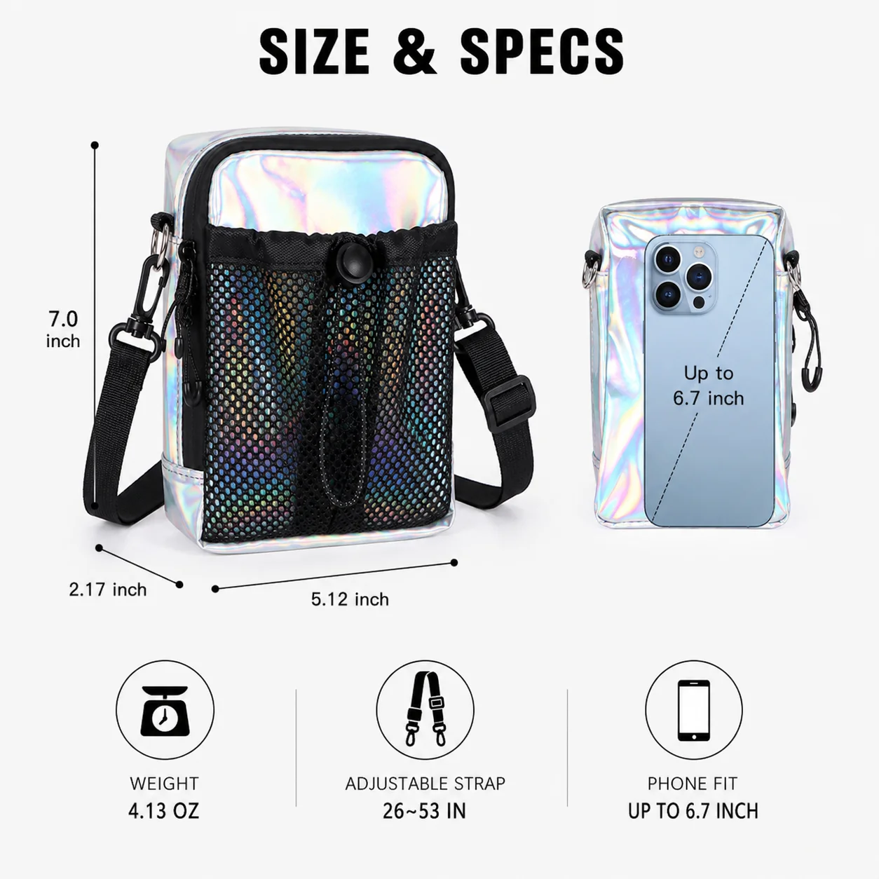 Holographic Crossbody Phone Bag for Women, Mini Cell Phone Purse with Mesh Pocket and Adjustable Shoulder Strap view 5