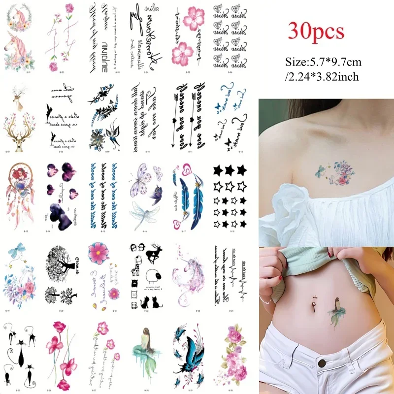 30pcs/set Temporary Transfer Tattoo Disposable Quote Dreamcatcher Unicorn Cat Heart Words Fake Tattoo for Women Men Wrist Chest