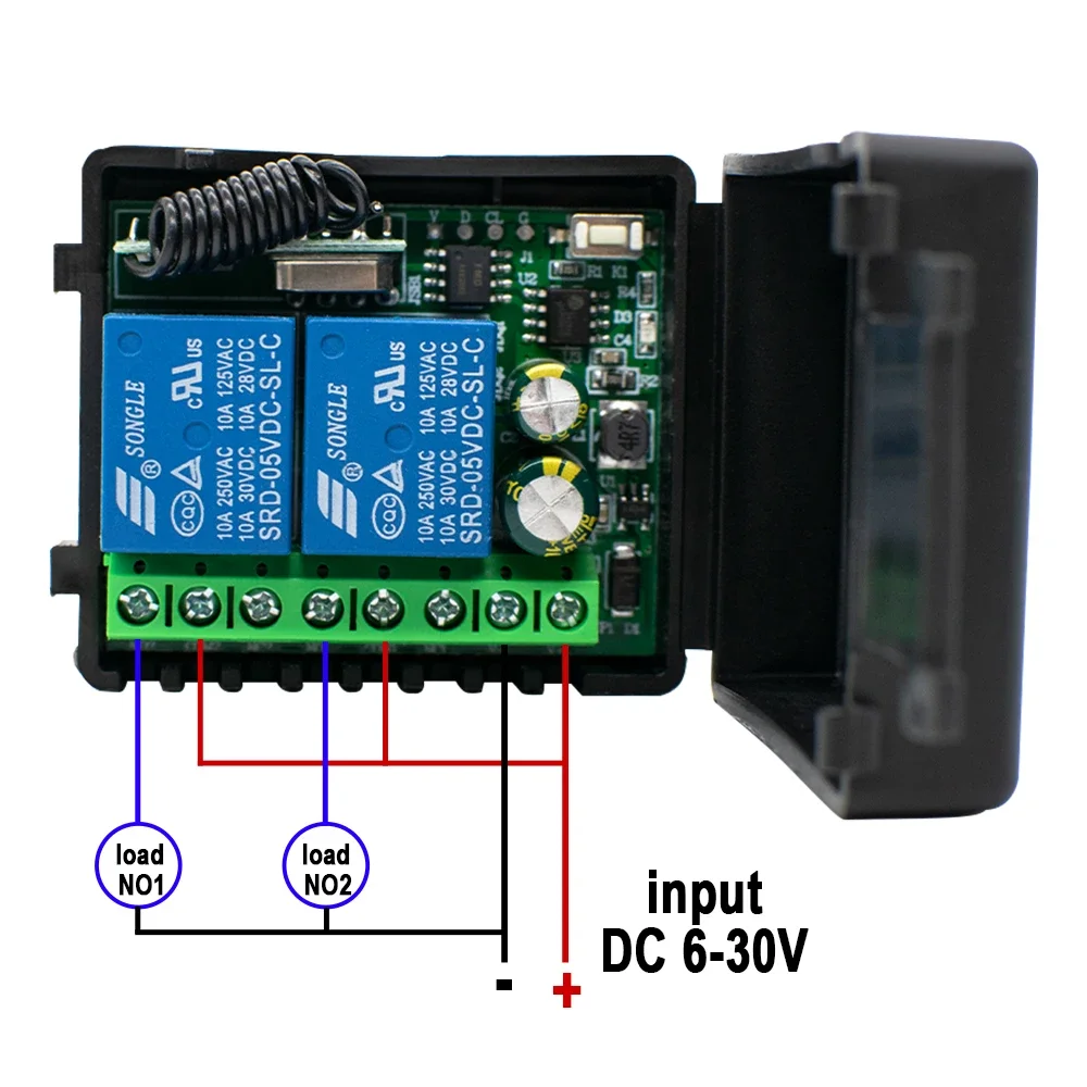 2CH Remote Control Switch Wireless Relay Module 6-30V DC 433MHz 12V/24V for Motor/Garage/Light/Curtain Control + RF433