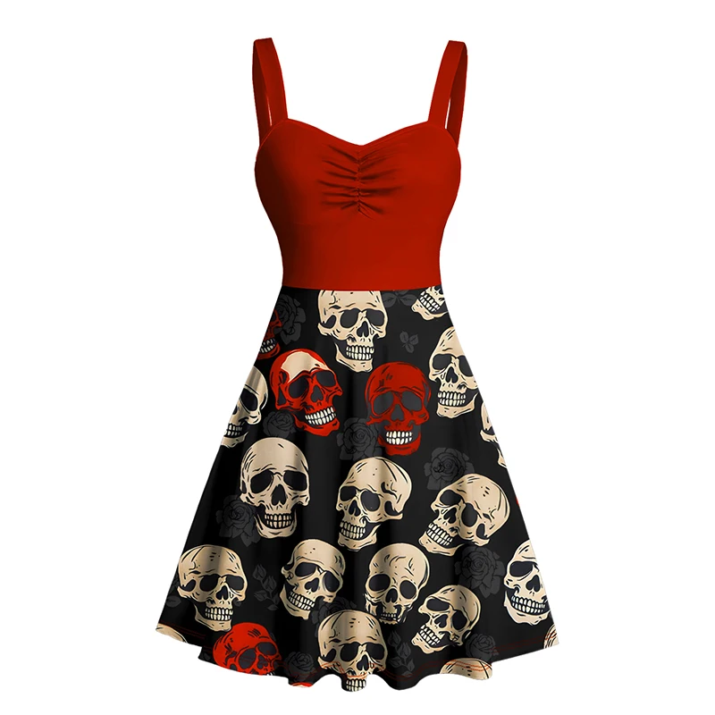 Dressfo Women's Dress Retro Colorblock Skulls Print Ruched Bust Gothic Dress Sweetheart Neck A Line Mini Holiday Dress
