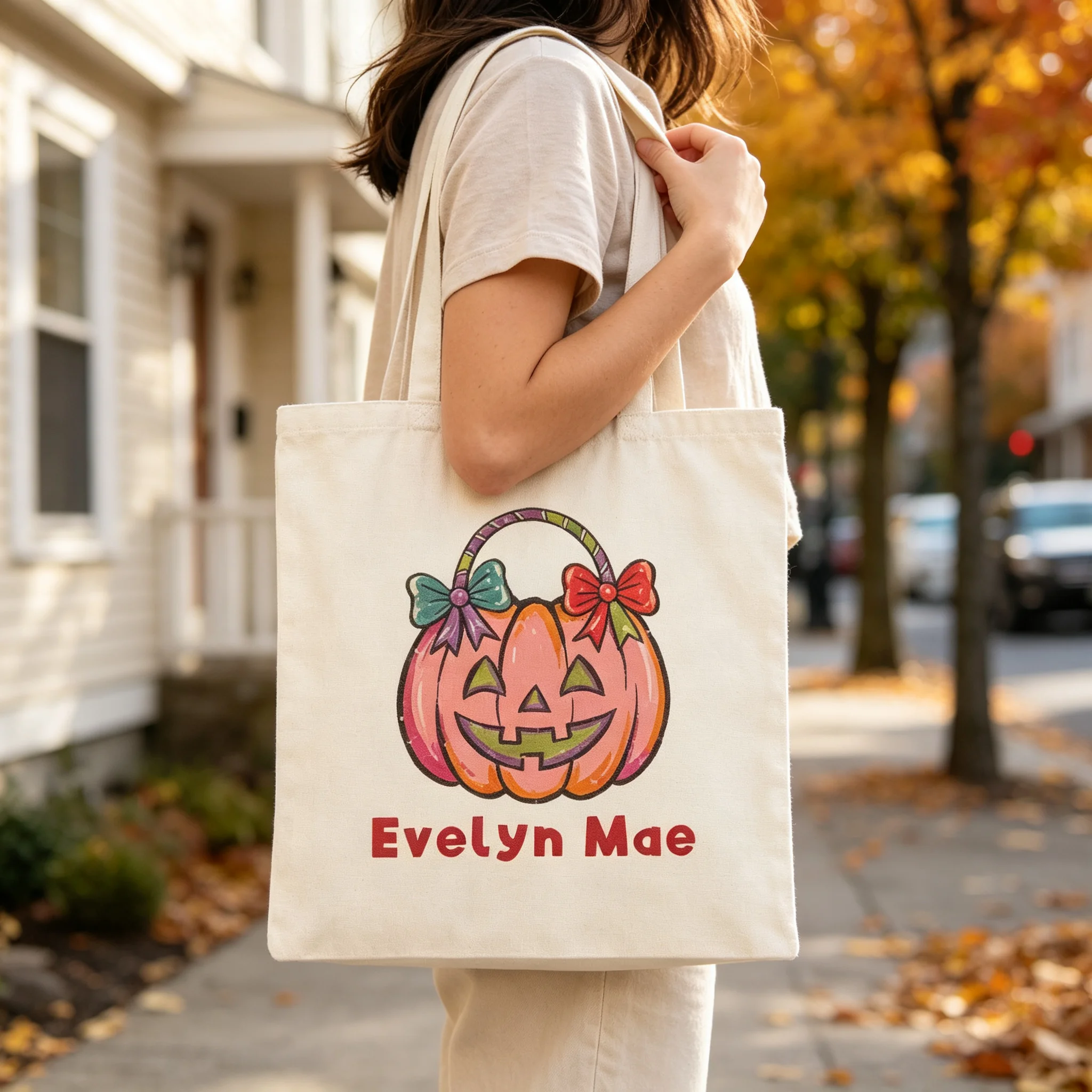 Custom Name Halloween Pink Pumpkin Tote Bag Bow Print Canvas Shoulder Bag Trick or Treat Reusable Candy Bag for Girls Gift