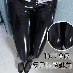 Leather Pants Women's High Waist Large Size Pu Bright Surface Bright Leather and Thin Velvet  Long Patent Leather Leggings