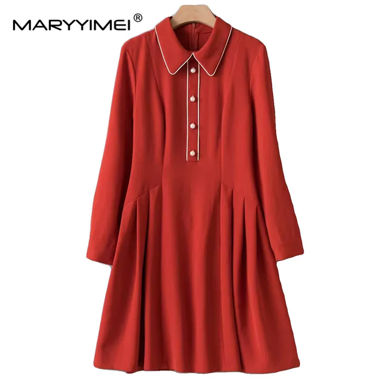 

MARYYIMEI New Fashion Dress Designer Women's Peter Pan Collar Long Sleeve Solid Color Imitation Pearl Button Slim A-Line Dress