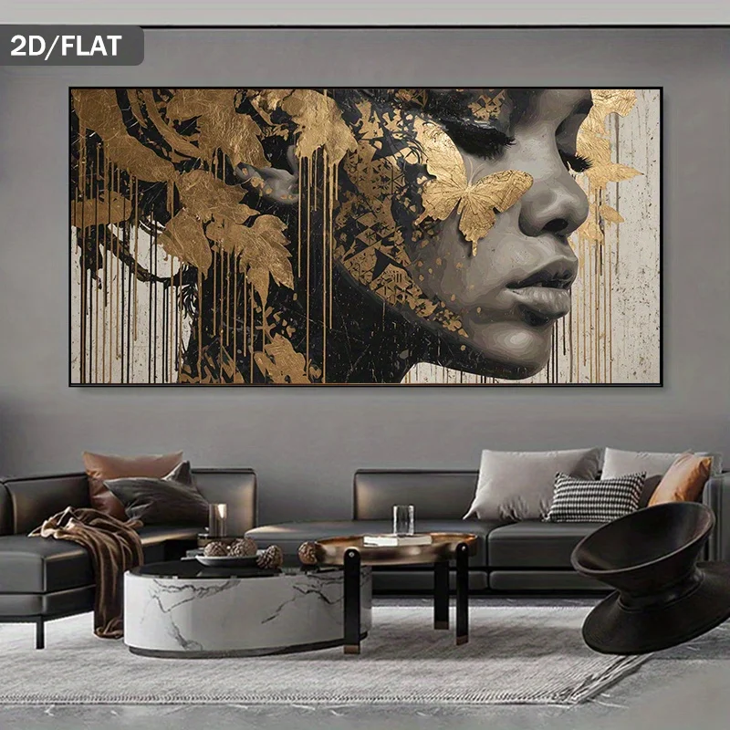 

2D Flat Canvas Art, Modern Abstract Design Golden Butterfly on Woman'S Face. Perfect for Decor Living Rooms, Bedrooms, Unframed