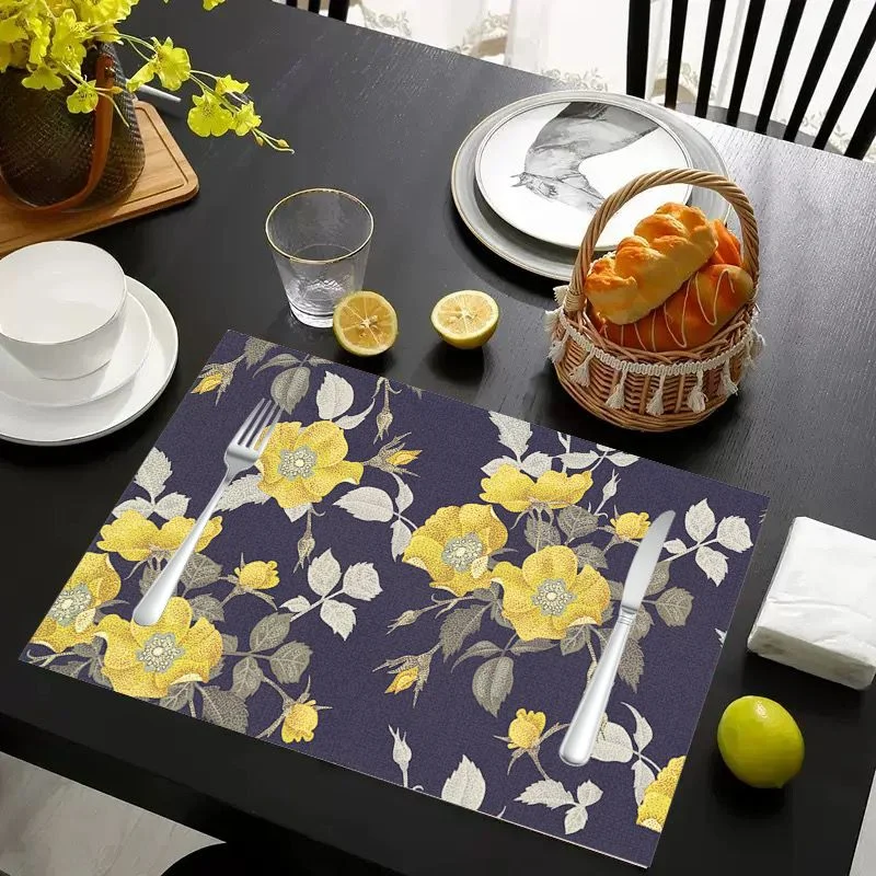 VIKAMA Placemat Black Orange Flowers White Bloom, Waterproof Oil-Proof Heat-Resistant Non-Slip Dining Table Mat