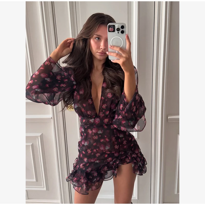 Women's Printed V-neck Short Sleeve Waist Cinching Mini Dress Chic A-line Bodycon Dresses 2026 Lady Summer Vacation Sweet Robes