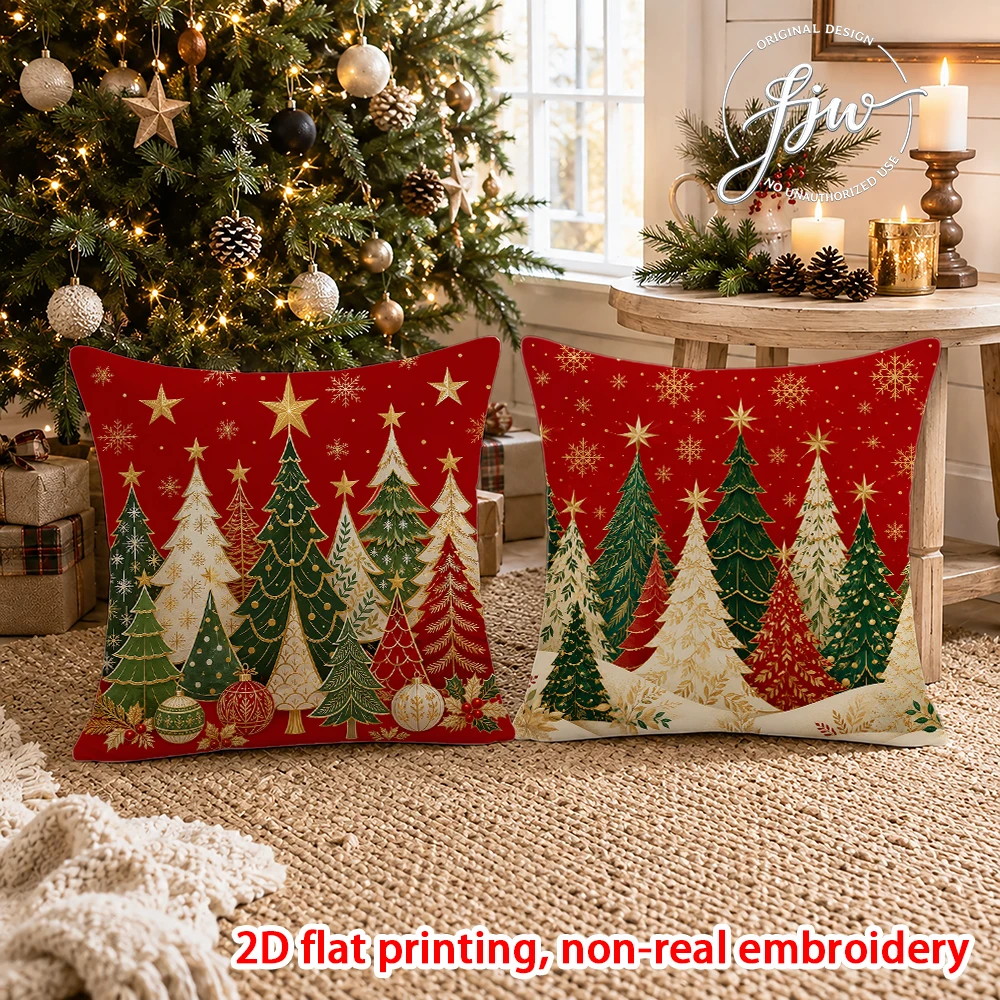 2pcs Christmas Decorative Throw Pillow Covers Red Gold Xmas Tree Snowflake Winter Holiday Cushion Cases for Sofa Couch Bed