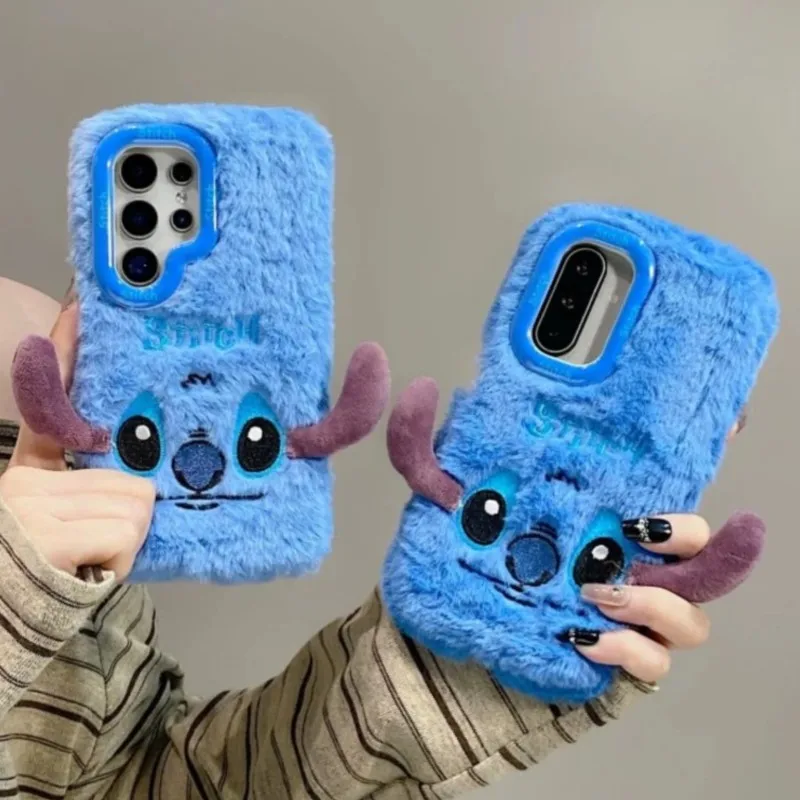 Cute Plush Stitch Phone Case with Camera Stand for Samsung A