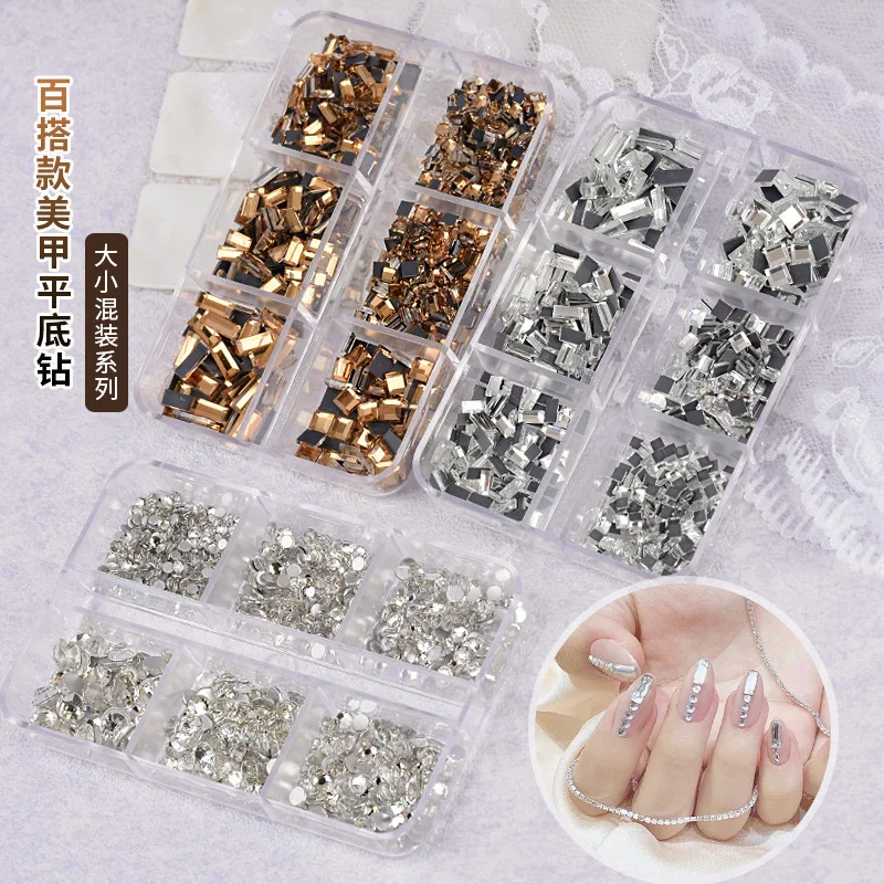 YYM K9 White Mixed Nail Rhinestones Rectangle Round Glitter Glass Crystal Jewelry Luxury Nail Charms Nail Art Decoration