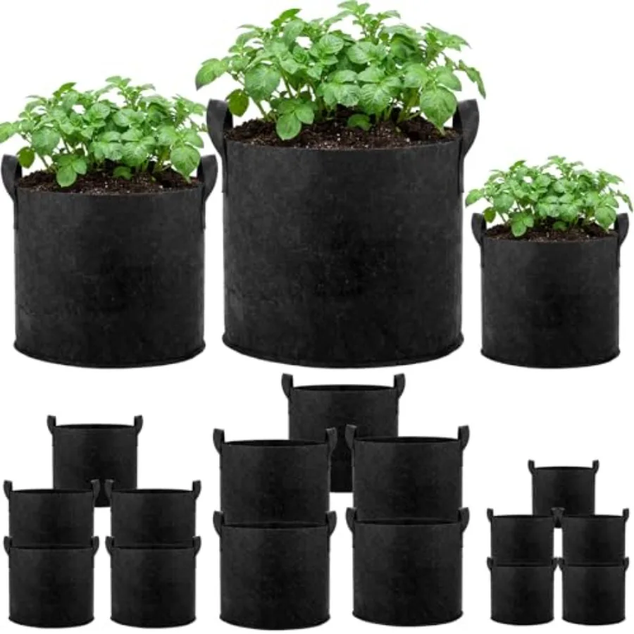 

15 Pack Black Plant Grow Bags with Handles, 5/10/20 Gallon 300G Thickened Non-Woven Fabric Pots, Multi-Size Reusable Planting B