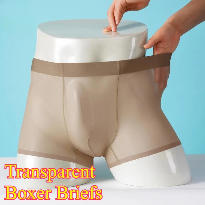 Mens Summer Ultra Thin Seamless Ice Silk Boxer Briefs Transparent See Through Sexy Naked Feel Breathable Cool Underwear Lingerie