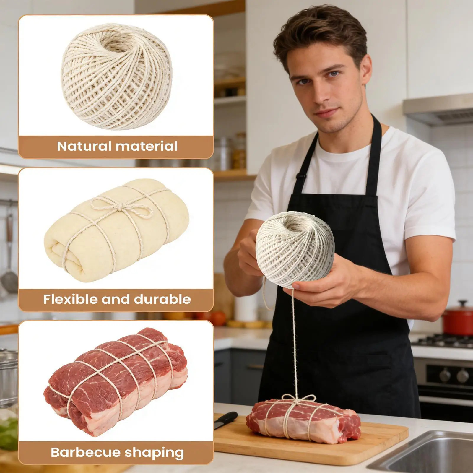 1 Roll 278ft Cooking Tools Butcher's Cotton Thread Meat Prep Trussing Turkey Barbecue Strings Meat Sausage Tie Rope Cord 85m