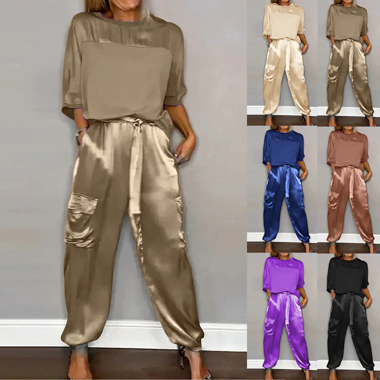 Summer Fashion Solid Satin Two Piece Set Women Round Neck Long Sleeved Top Long Pants Casual Loose Soft Female Top Trousers