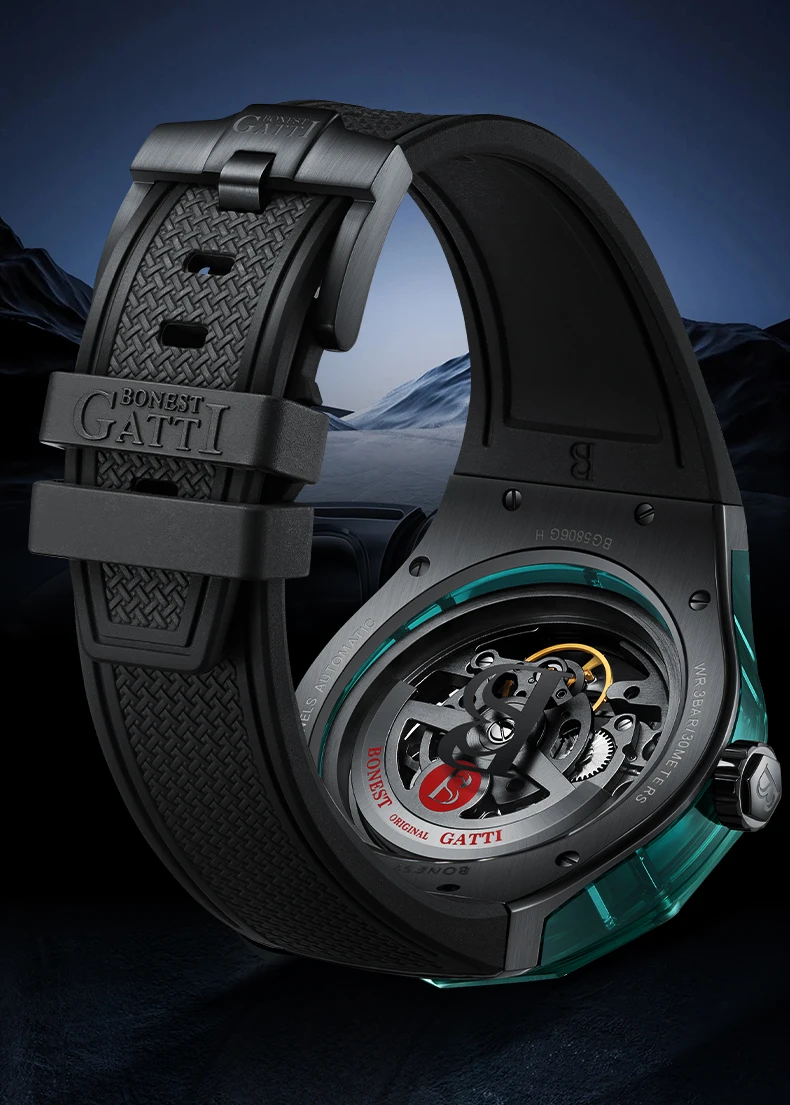 BONEST GATTI-reloj automático para hombre, carcasa transparente de polímero, reloj de pulsera mecánico, correa de caucho fluorado luminosa de zafiro